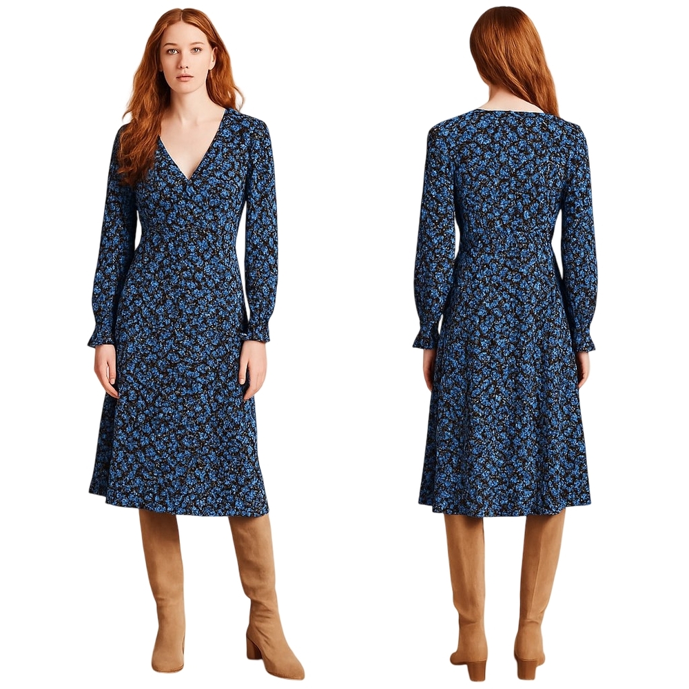 CABI Dress Womens Small Blue Floral Long Sleeve Midi Style 5772 Preppy Romantic